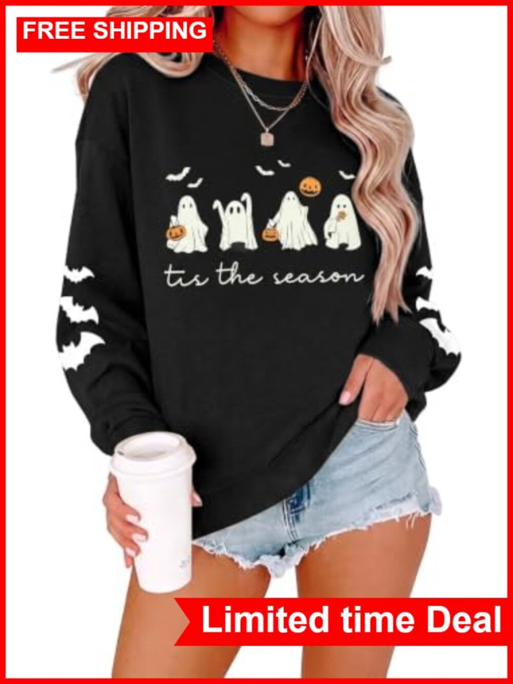Women's Halloween Ghost Pumpkin Crewneck Sweatshirt Long Sleeve Cotton Blend